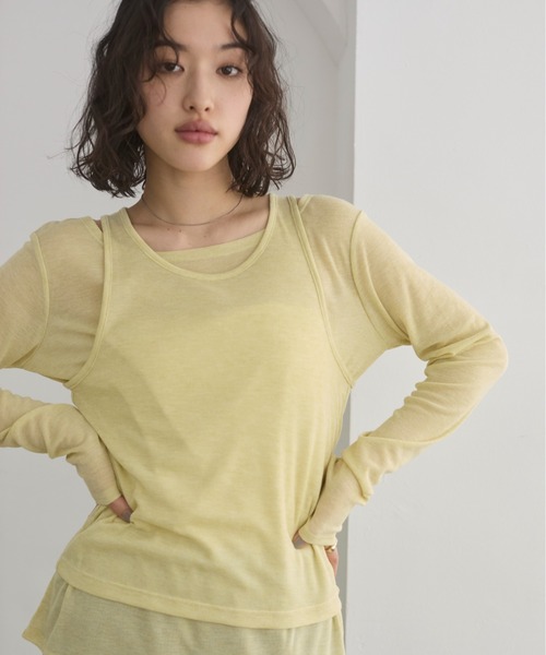 ANGIE(アンジー)の「タンクレイヤード リブ シアー トップス(Tシャツ/カットソー・レディース・ライトイエロー/オフホワイト/ライトベージュ/ブラック・FREE)」の4枚目の写真