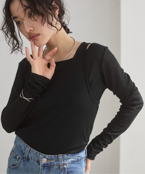 ANGIE(アンジー)の「タンクレイヤード リブ シアー トップス(Tシャツ/カットソー・レディース・ライトイエロー/オフホワイト/ライトベージュ/ブラック・FREE)」の2枚目の写真