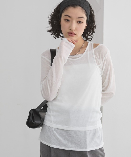 ANGIE(アンジー)の「タンクレイヤード リブ シアー トップス(Tシャツ/カットソー・レディース・ライトイエロー/オフホワイト/ライトベージュ/ブラック・FREE)」の5枚目の写真