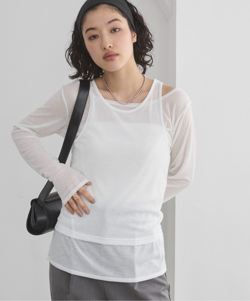 ANGIE(アンジー)の「タンクレイヤード リブ シアー トップス(Tシャツ/カットソー・レディース・ライトイエロー/オフホワイト/ライトベージュ/ブラック・FREE)」の6枚目の写真