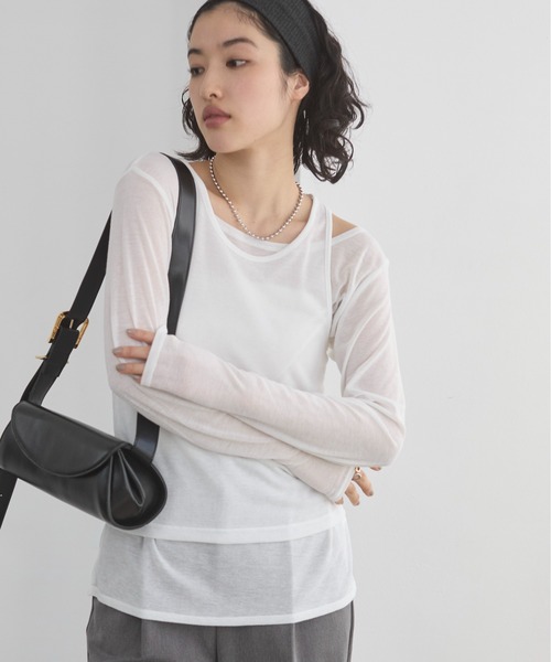 ANGIE(アンジー)の「タンクレイヤード リブ シアー トップス(Tシャツ/カットソー・レディース・ライトイエロー/オフホワイト/ライトベージュ/ブラック・FREE)」の7枚目の写真