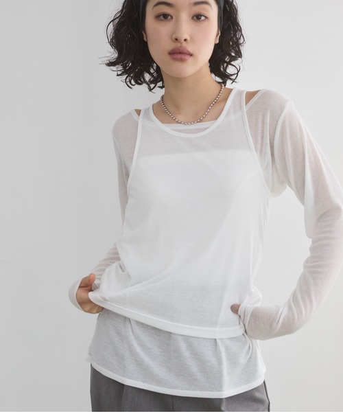 ANGIE(アンジー)の「タンクレイヤード リブ シアー トップス(Tシャツ/カットソー・レディース・ライトイエロー/オフホワイト/ライトベージュ/ブラック・FREE)」の11枚目の写真