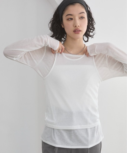 セール】タンクレイヤード リブ シアー トップス（Tシャツ