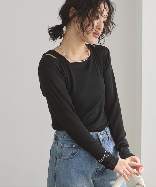 ANGIE(アンジー)の「タンクレイヤード リブ シアー トップス(Tシャツ/カットソー・レディース・ライトイエロー/オフホワイト/ライトベージュ/ブラック・FREE)」の14枚目の写真