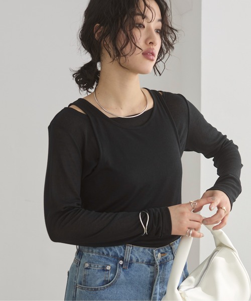 ANGIE(アンジー)の「タンクレイヤード リブ シアー トップス(Tシャツ/カットソー・レディース・ライトイエロー/オフホワイト/ライトベージュ/ブラック・FREE)」の15枚目の写真
