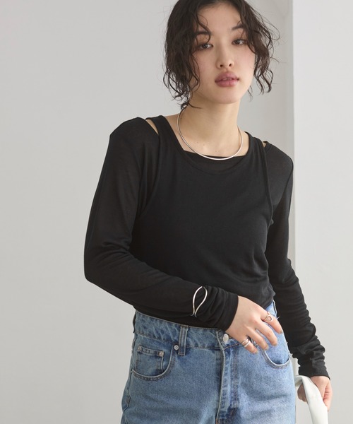 ANGIE(アンジー)の「タンクレイヤード リブ シアー トップス(Tシャツ/カットソー・レディース・ライトイエロー/オフホワイト/ライトベージュ/ブラック・FREE)」の16枚目の写真