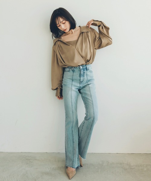 anuans キャミレイヤードカシュクールブラウス キャミレイヤードカシュクールブラウス(S BEIGE): トップスanuans