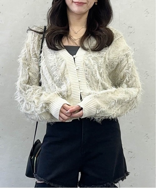 Per sist ence(パーシエンス)の「麻タッチフリンジニットショートカーデ/春ニット(カーディガン/ボレロ・レディース・ブラック/アイボリー/ベージュ系・FREE)」の2枚目の写真