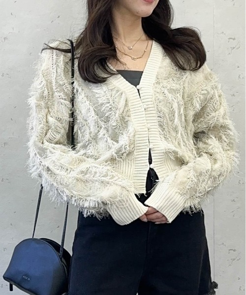Per sist ence(パーシエンス)の「麻タッチフリンジニットショートカーデ/春ニット(カーディガン/ボレロ・レディース・ブラック/アイボリー/ベージュ系・FREE)」の4枚目の写真