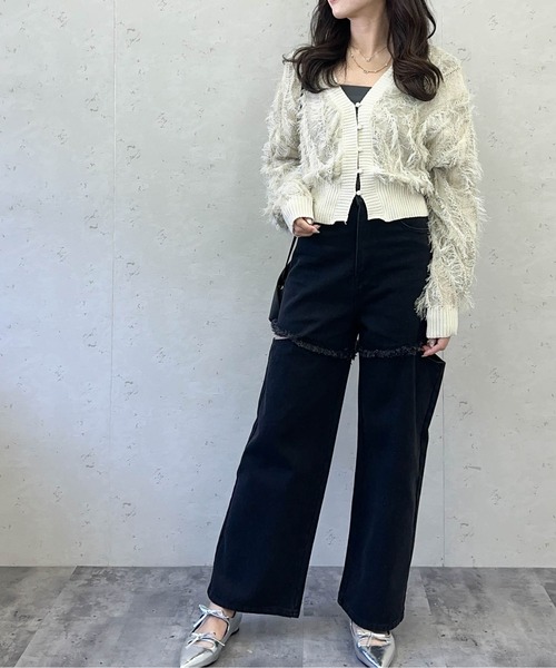 Per sist ence(パーシエンス)の「麻タッチフリンジニットショートカーデ/春ニット(カーディガン/ボレロ・レディース・ブラック/アイボリー/ベージュ系・FREE)」の5枚目の写真