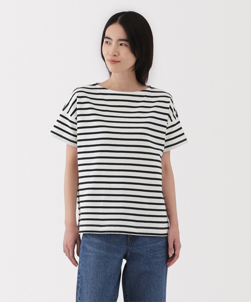 無印良品（ムジルシリョウヒン）の「婦人　ボーダーボートネック半袖Ｔシャツ（Tシャツ/カットソー・レディース・ネイビー系/スモーキーグリーン系/オレンジ系/ベージュ系/ネイビー系1/ブルー系・S/M/L/XL）」の4枚目の写真