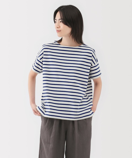 無印良品（ムジルシリョウヒン）の「婦人　ボーダーボートネック半袖Ｔシャツ（Tシャツ/カットソー・レディース・ネイビー系/スモーキーグリーン系/オレンジ系/ベージュ系/ネイビー系1/ブルー系・S/M/L/XL）」の6枚目の写真