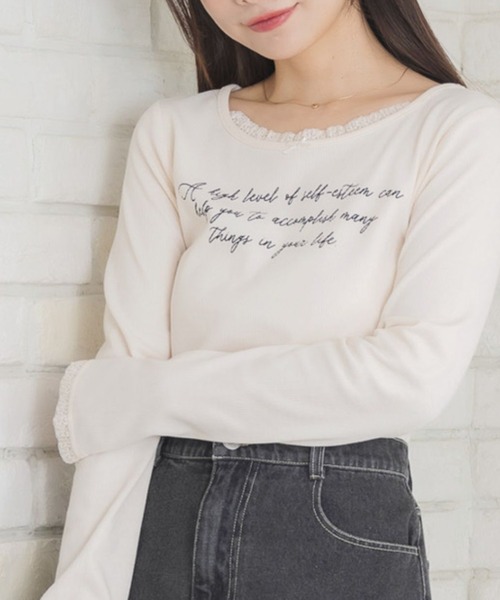 ems excite（エムズエキサイト）の「レース付きメッセージロゴCT（Tシャツ/カットソー・レディース・ナチュラル/チャコールグレー/ピンク・FREE）」の3枚目の写真