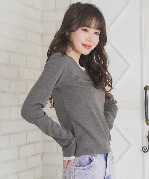 ems excite（エムズエキサイト）の「レース付きメッセージロゴCT（Tシャツ/カットソー・レディース・ナチュラル/チャコールグレー/ピンク・FREE）」の5枚目の写真