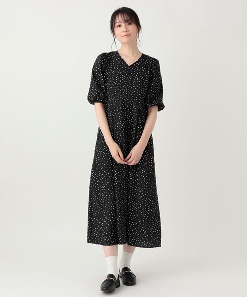 Afternoon Tea(アフタヌーンティー)の「ドットサッカーチェックVネックワンピース(ワンピース・レディース・ブラック・MEDIUM)」の1枚目の写真