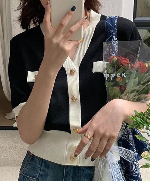 Jasmine Grandiflorum（ジャスミングランディフローラム）の「【Jasmine】ハーフスリーブバイカラーカーディガン (SS)（カーディガン/ボレロ・レディース・ブルー/ブラック/ホワイト/ピンク・FREE）」の14枚目の写真