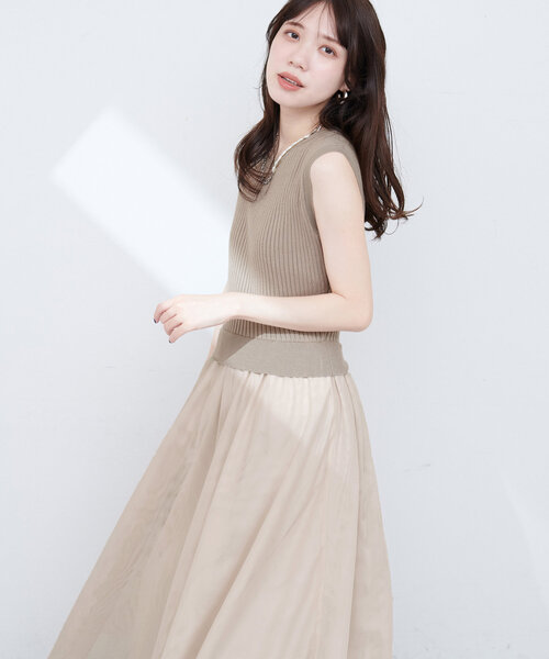 natural couture(ナチュラルクチュール)の「ニット×チュールドッキングワンピース(ワンピース・レディース・モカ/ラベンダー/ピンク/ブラック・MEDIUM/LARGE)」の1枚目の写真