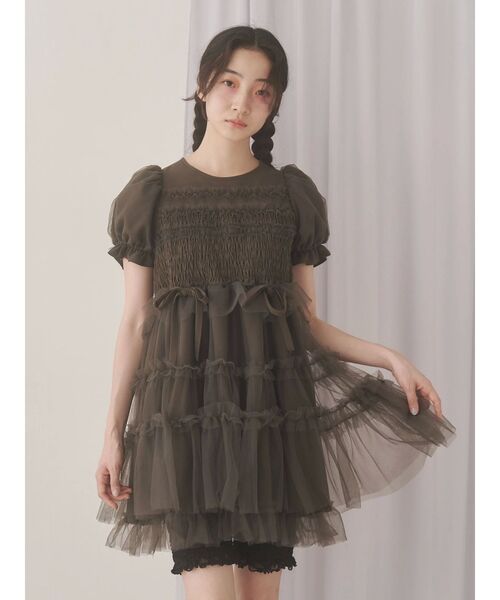チュールパフスリーブミニワンピース（ワンピース）｜merry