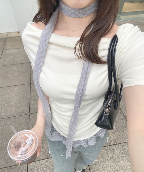 frunco(フランコ)の「チェックタイチョーカー付きカットトップス(半袖)(Tシャツ/カットソー・レディース・ホワイト/ブルー・FREE)」の18枚目の写真