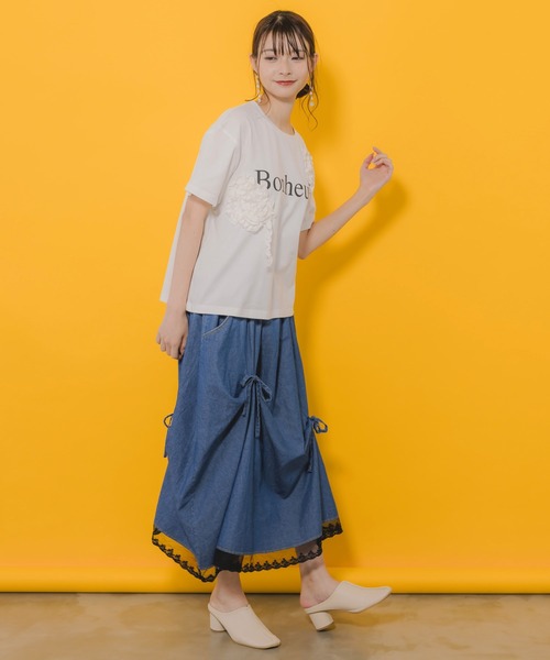 ScoLar（スカラー）の「752005：リボン変形デニム 裾レーススカート