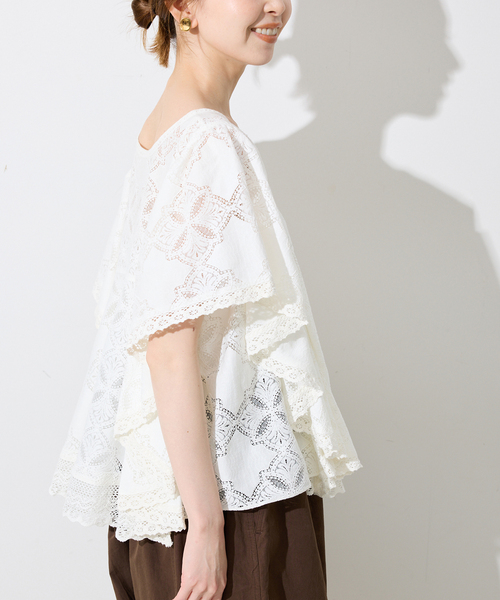 SLOBE IENA レースフリルVネックブラウス ブラック 完売品 SLOBE IENA｜《WEB限定/追加》レースフリルVネックブラウス
