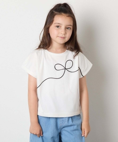 a.v.v（アーヴェヴェ）の「【接触冷感/ジメジメ対策】[100-160]リボンテープチュールドッキングTシャツ（Tシャツ/カットソー・キッズ・チャコールグレー/ホワイト・110/100/120/130/140/150/160）」の5枚目の写真