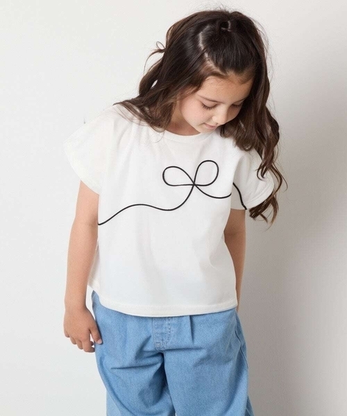 a.v.v（アーヴェヴェ）の「【接触冷感/ジメジメ対策】[100-160]リボンテープチュールドッキングTシャツ（Tシャツ/カットソー・キッズ・チャコールグレー/ホワイト・110/100/120/130/140/150/160）」の6枚目の写真
