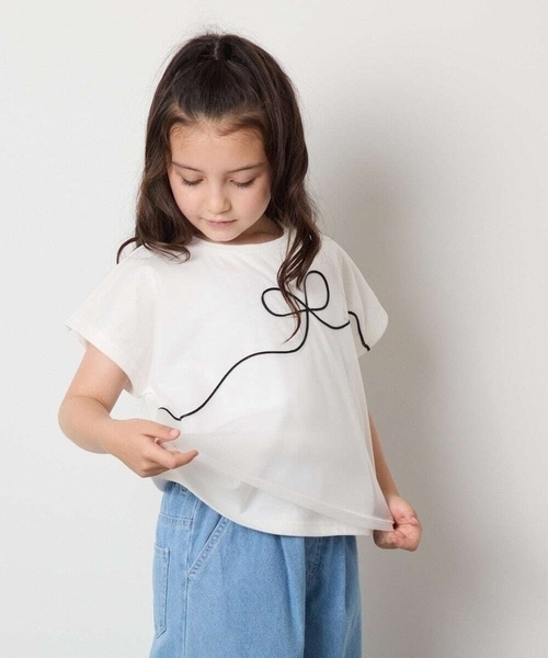 a.v.v（アーヴェヴェ）の「【接触冷感/ジメジメ対策】[100-160]リボンテープチュールドッキングTシャツ（Tシャツ/カットソー・キッズ・チャコールグレー/ホワイト・110/100/120/130/140/150/160）」の7枚目の写真