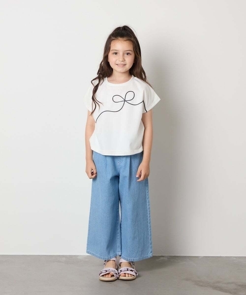 a.v.v（アーヴェヴェ）の「【接触冷感/ジメジメ対策】[100-160]リボンテープチュールドッキングTシャツ（Tシャツ/カットソー・キッズ・チャコールグレー/ホワイト・110/100/120/130/140/150/160）」の8枚目の写真