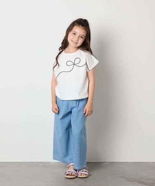 a.v.v（アーヴェヴェ）の「【接触冷感/ジメジメ対策】[100-160]リボンテープチュールドッキングTシャツ（Tシャツ/カットソー・キッズ・チャコールグレー/ホワイト・110/100/120/130/140/150/160）」の9枚目の写真