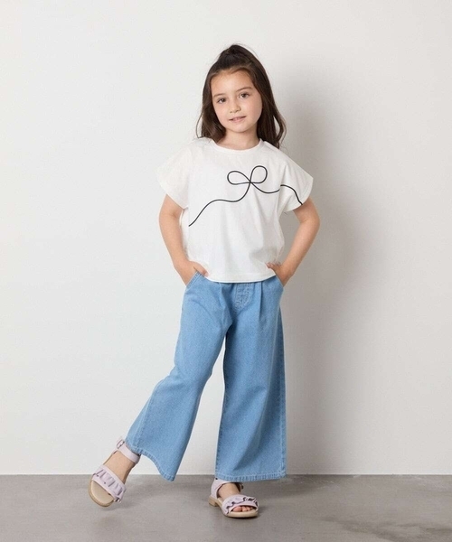 a.v.v（アーヴェヴェ）の「【接触冷感/ジメジメ対策】[100-160]リボンテープチュールドッキングTシャツ（Tシャツ/カットソー・キッズ・チャコールグレー/ホワイト・110/100/120/130/140/150/160）」の10枚目の写真