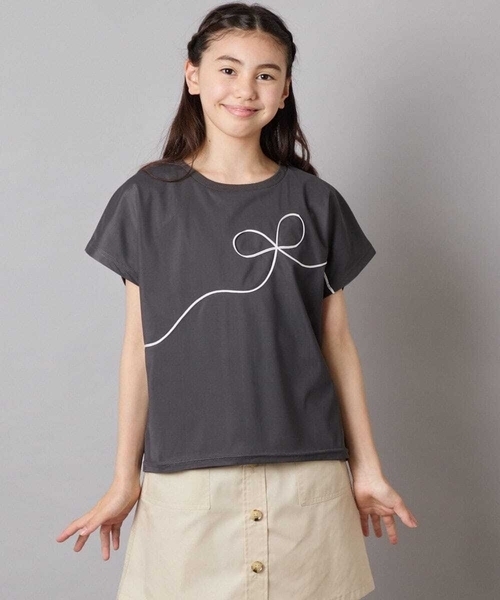 a.v.v（アーヴェヴェ）の「【接触冷感/ジメジメ対策】[100-160]リボンテープチュールドッキングTシャツ（Tシャツ/カットソー・キッズ・チャコールグレー/ホワイト・110/100/120/130/140/150/160）」の15枚目の写真