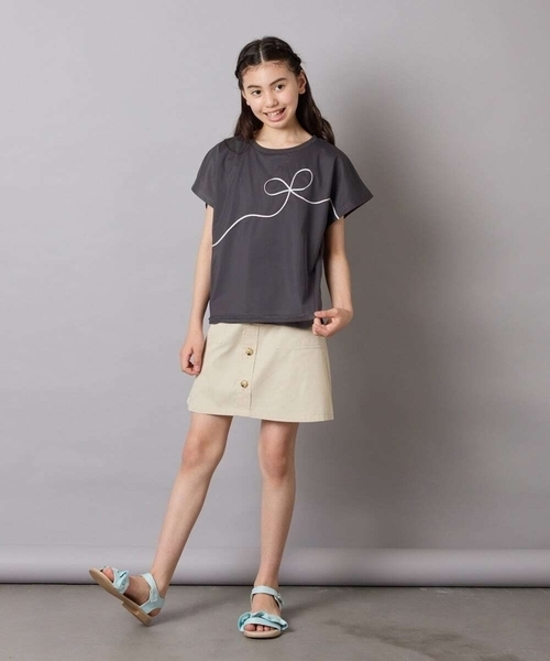a.v.v（アーヴェヴェ）の「【接触冷感/ジメジメ対策】[100-160]リボンテープチュールドッキングTシャツ（Tシャツ/カットソー・キッズ・チャコールグレー/ホワイト・110/100/120/130/140/150/160）」の20枚目の写真
