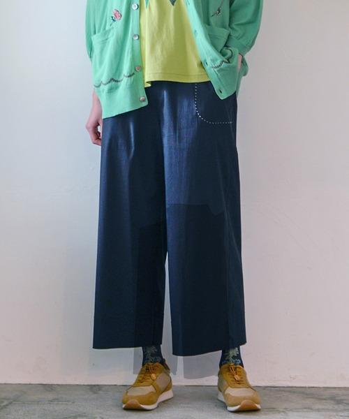 セール】コットンナイロンストレッチ スカラップ刺繍ワイドパンツ