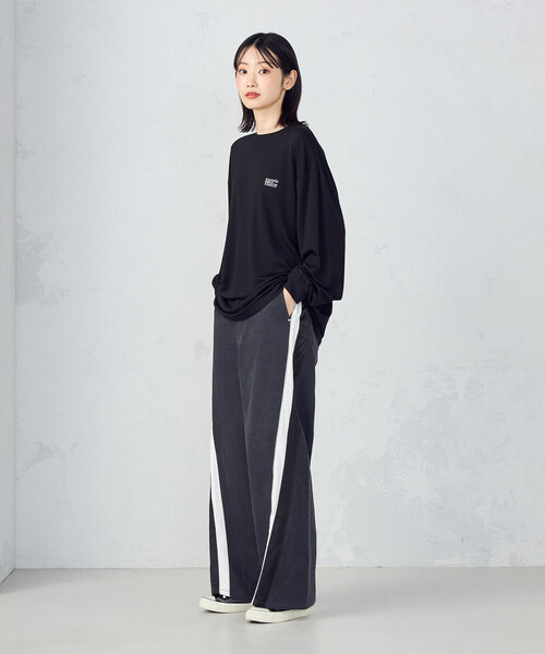 Purple&Yellow（パープルアンドイエロー）の「デニム×サテンラインワイドバギーパンツ（デニムパンツ・メンズ・インディゴブルー/ブラック・X-SMALL/SMALL/MEDIUM/LARGE）」の16枚目の写真