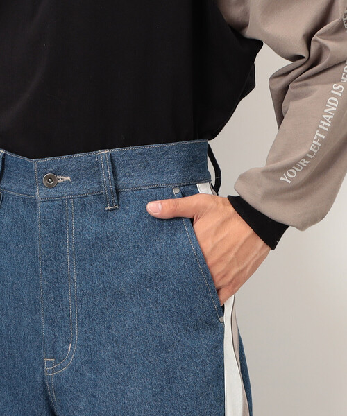 Purple&Yellow（パープルアンドイエロー）の「デニム×サテンラインワイドバギーパンツ（デニムパンツ・メンズ・インディゴブルー/ブラック・X-SMALL/SMALL/MEDIUM/LARGE）」の8枚目の写真