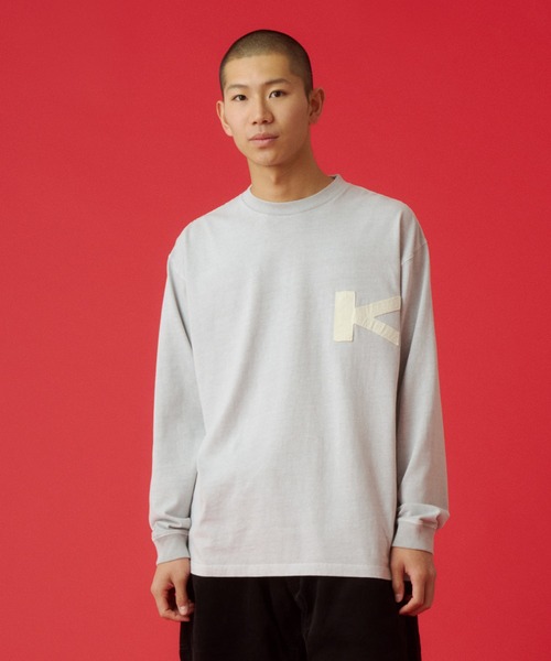 KAVU(カブー)の「KAVU/カブー K Patch LS Tee L/S Tee/ケーパッチ(Tシャツ/カットソー・メンズ・ライトグレー/ネイビー/イエロー・MEDIUM/LARGE/X-LARGE)」の1枚目の写真