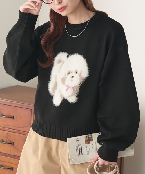 BONLECILL(ボンルシール)の「フェザーふわふわDOGジャガードニットプルオーバー(ニット/セーター・レディース・チャコールグレー/ネイビー/ブラック/アイボリー・FREE)」の1枚目の写真