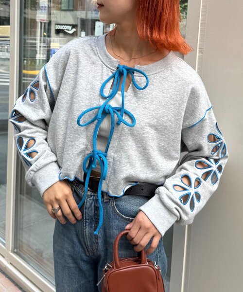 HELLO.SANFRANCISCO(ハローサンフランシスコ)の「【HELLO.SANFRANCISCO/ハローサンフランシスコ】2WAYフラワーカットスウェットカーデ(スウェット・レディース・グレー/チャコールグレー/オレンジ/パープル・ONE SIZE)」の13枚目の写真