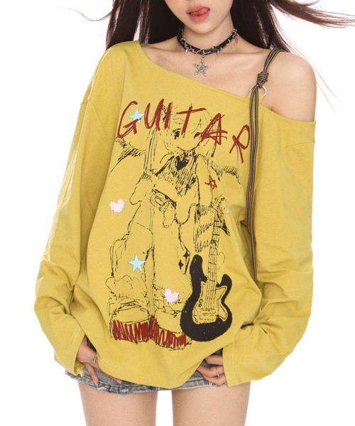 GEMEDA(ジェメダ)の「プリントショルダーオープンロンT(Tシャツ/カットソー・レディース・イエロー/ホワイト・M)」の1枚目の写真