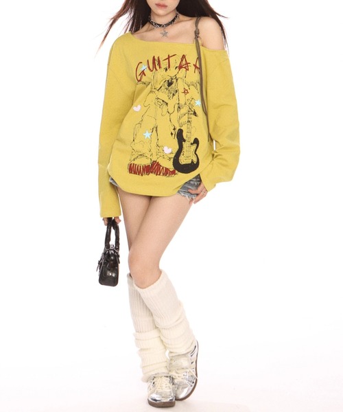 GEMEDA(ジェメダ)の「プリントショルダーオープンロンT(Tシャツ/カットソー・レディース・イエロー/ホワイト・M)」の6枚目の写真