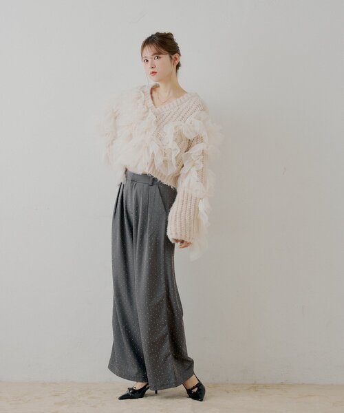 ラインストーンルーズスラックスパンツ