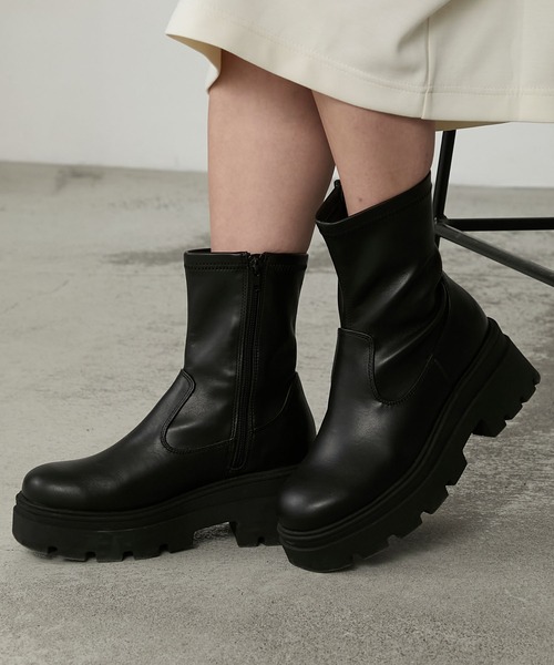 セール】ストレッチボリュームトラックソールショートブーツ（ブーツ