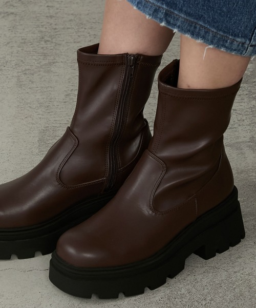 新品MANAボリュームソール・ストレッチブーツ ダークブラウン 37size セール】ストレッチボリュームトラックソールショートブーツ（ブーツ