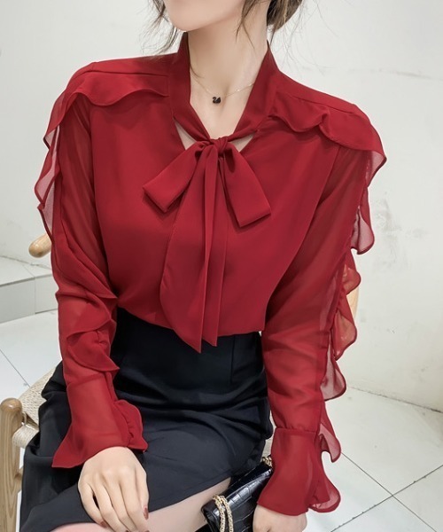 a lot of love（ア ロット オブ ラブ）の「ラッフルデザイン リボンタイシャツ（シャツ/ブラウス・レディース・ホワイト/レッド・M/L）」の8枚目の写真