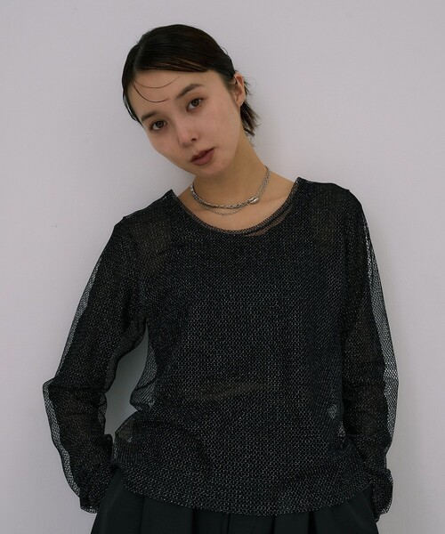 UNITED TOKYO(ユナイテッドトウキョウ)の「【残りわずか!】Lame Mesh & Tule Top|ウォッシャブル/オケージョン/レイヤード/シアートップス/ロンT/春服(Tシャツ/カットソー・レディース・アイボリー/ブラック・FREE)」の1枚目の写真