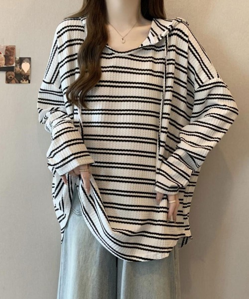 SallyLunn（サリーラン）の「フード付きボーダールーズトップス（Tシャツ/カットソー・レディース・ホワイト/ブラック・L/M）」の6枚目の写真