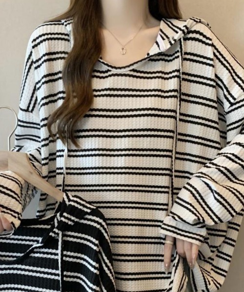 SallyLunn（サリーラン）の「フード付きボーダールーズトップス（Tシャツ/カットソー・レディース・ホワイト/ブラック・L/M）」の7枚目の写真