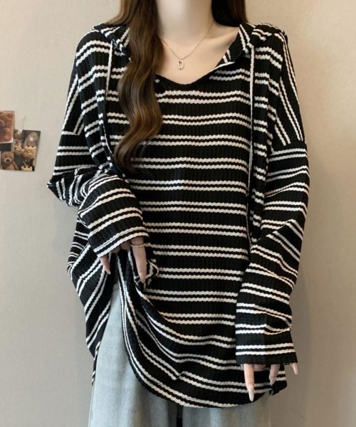 SallyLunn（サリーラン）の「フード付きボーダールーズトップス（Tシャツ/カットソー・レディース・ホワイト/ブラック・L/M）」の8枚目の写真