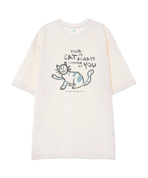 [オーバーサイズ]ドゥドルキャット 13番手綿ラウンドネック半袖Tシャツ_アイボリー